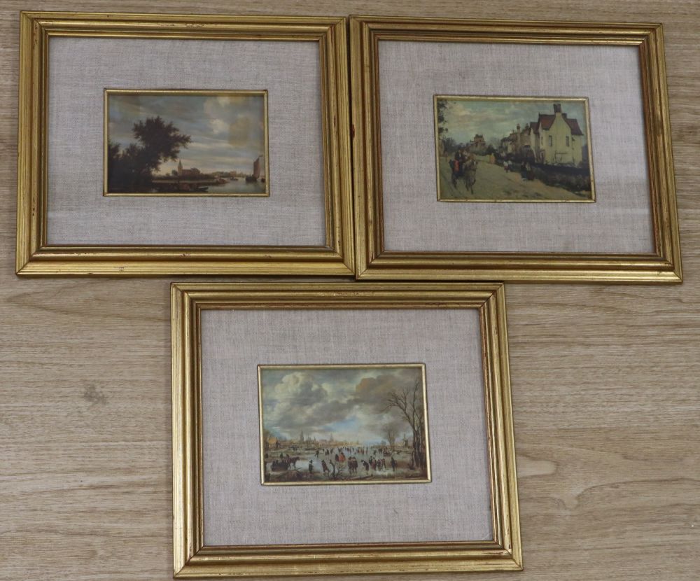 Rubino Cornici of Naples, three printed silk reproductions of Old Master paintings, 10 x 14cm